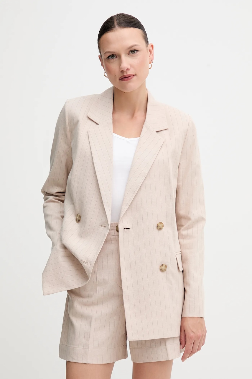 United Colors of Benetton blazer din amestec de in culoarea bej, cu doua randuri de nasturi, cu imprimeu, 29KBDW033 United Colors of Benetton blazer din amestec de in culoarea bej, cu doua randuri de nasturi, cu imprimeu, 29KBDW033