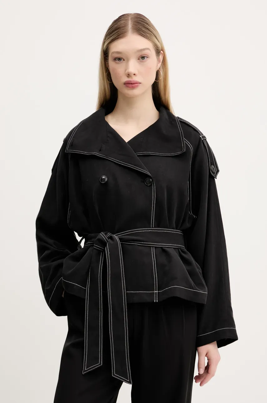 HUGO palton cu un amestec de in femei, culoarea negru, de tranzitie, oversize, 50536642