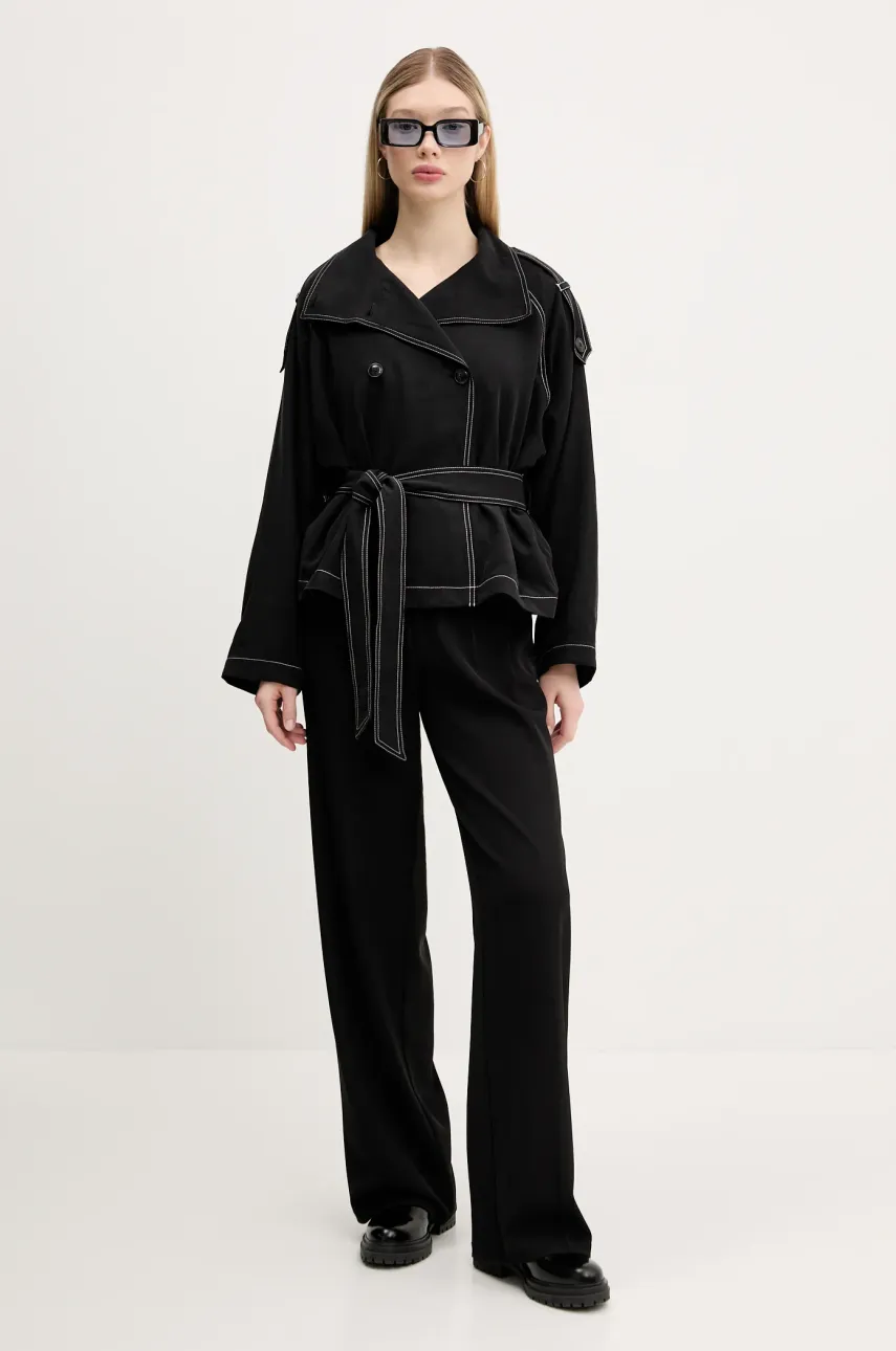 Плащ с примесью льна HUGO женский цвет чёрный переходной oversize 50536642 Плащ с примесью льна HUGO женский цвет чёрный переходной oversize 50536642