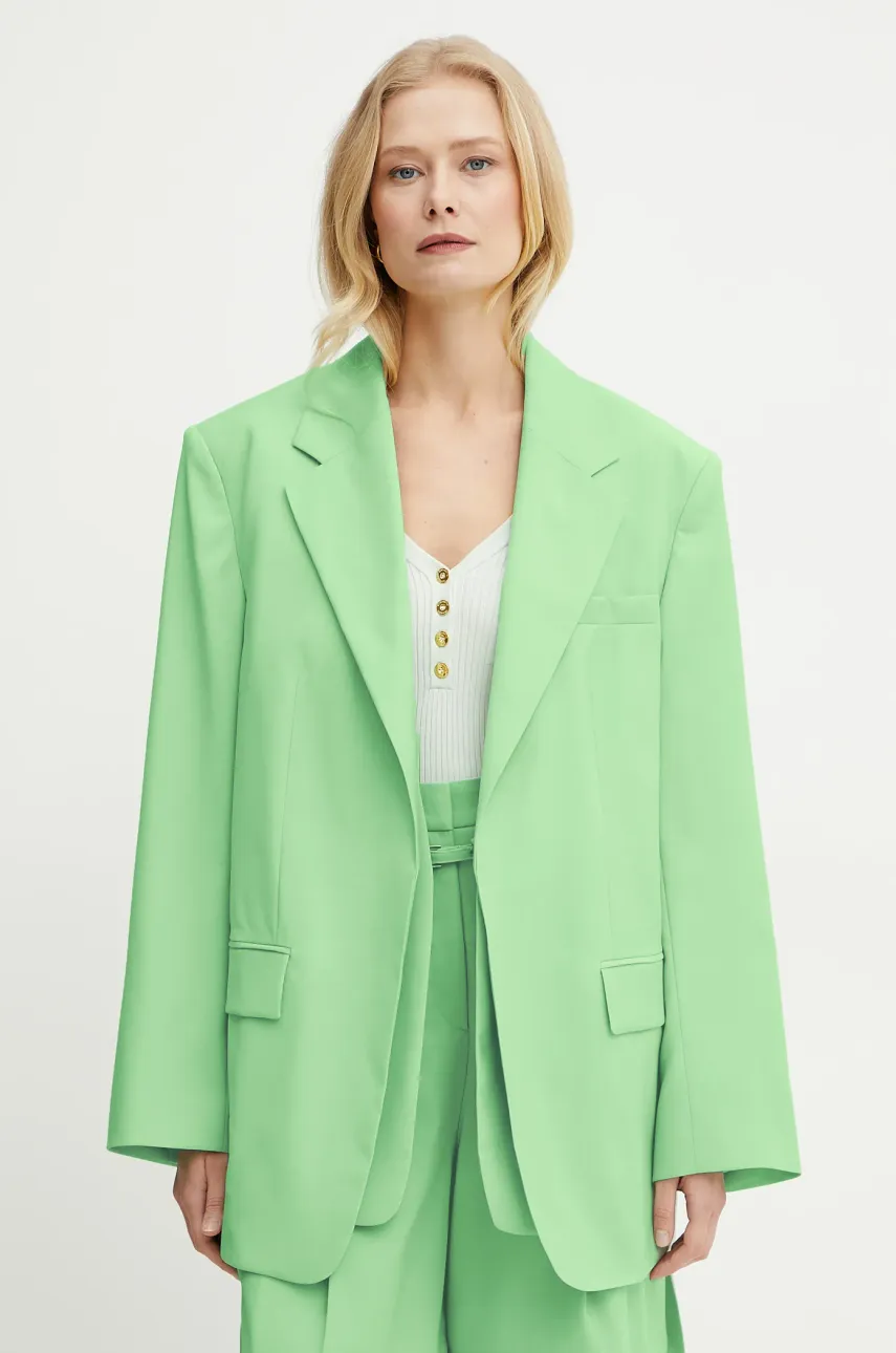 Vlněné sako BOSS zelená barva, bez zapínání, hladká, 50537387