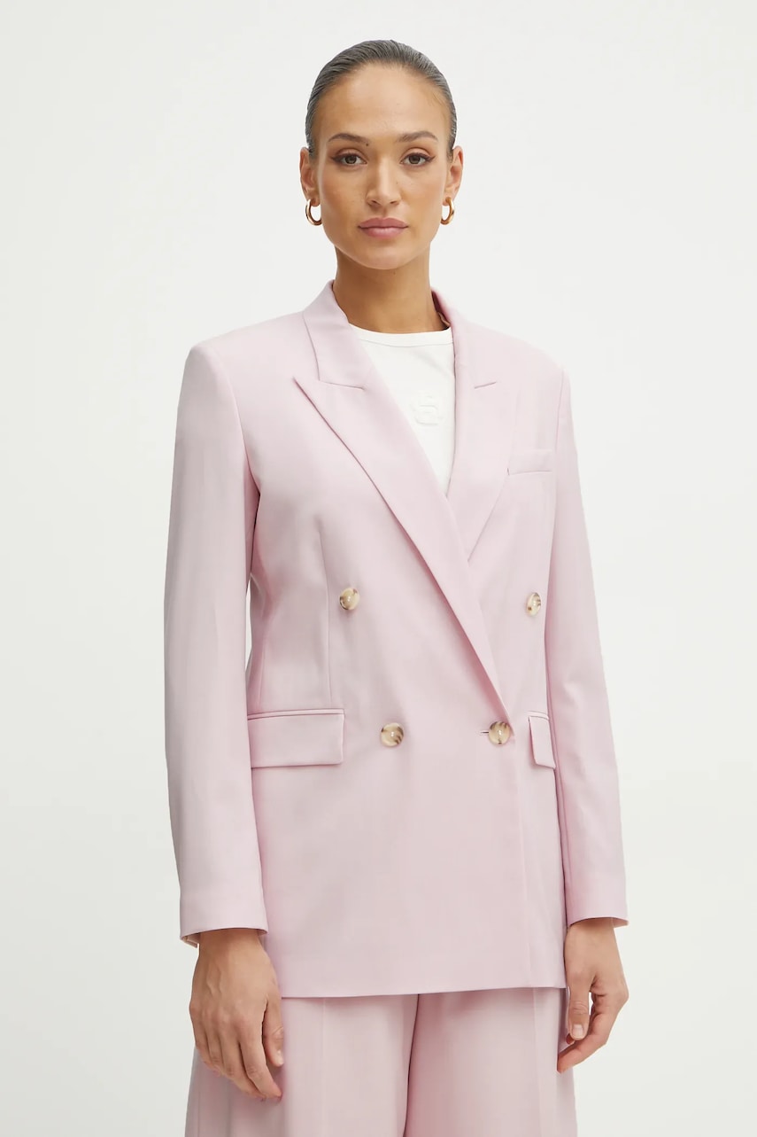 BOSS geaca de lana culoarea roz, cu doua randuri de nasturi, neted, 50537509