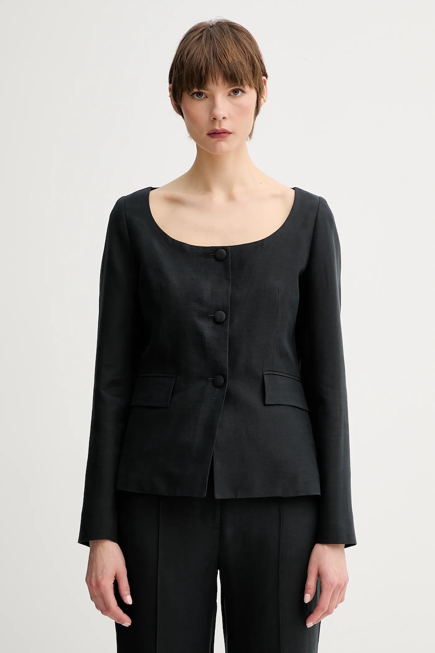 Remain blazer din amestec de in culoarea negru, un singur rand de nasturi, uni, 502522100