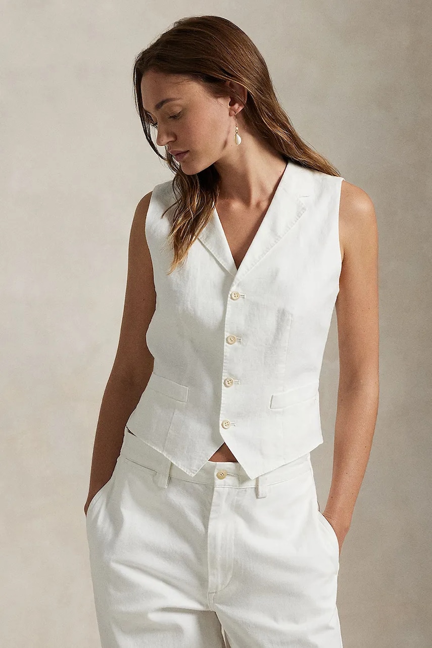 Levně Lněná vesta Polo Ralph Lauren bílá barva, jednořadá, 211965038