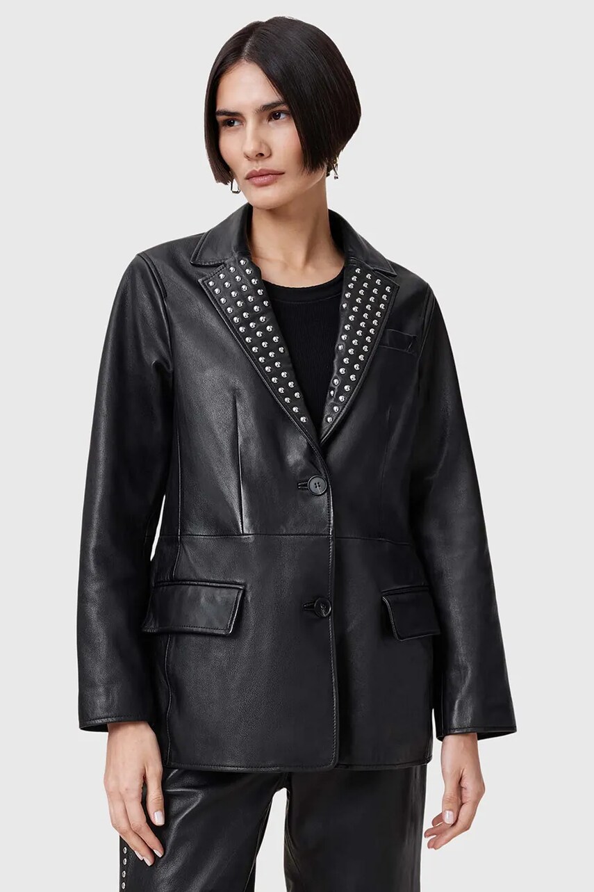 AllSaints sacou de piele CORINNA culoarea negru, un singur rand de nasturi, W037LC