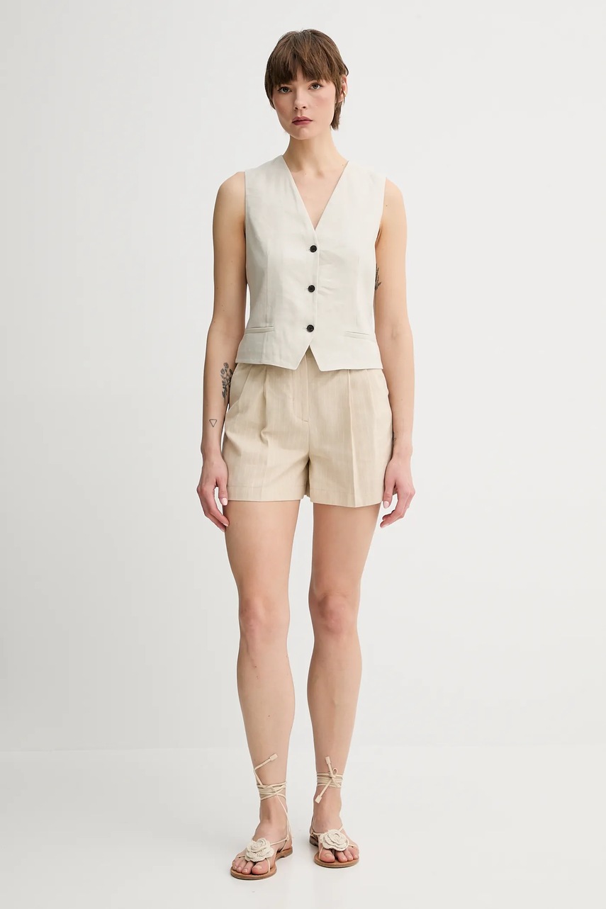 Льняной жилет цвет бежевый однобортный 504095281007