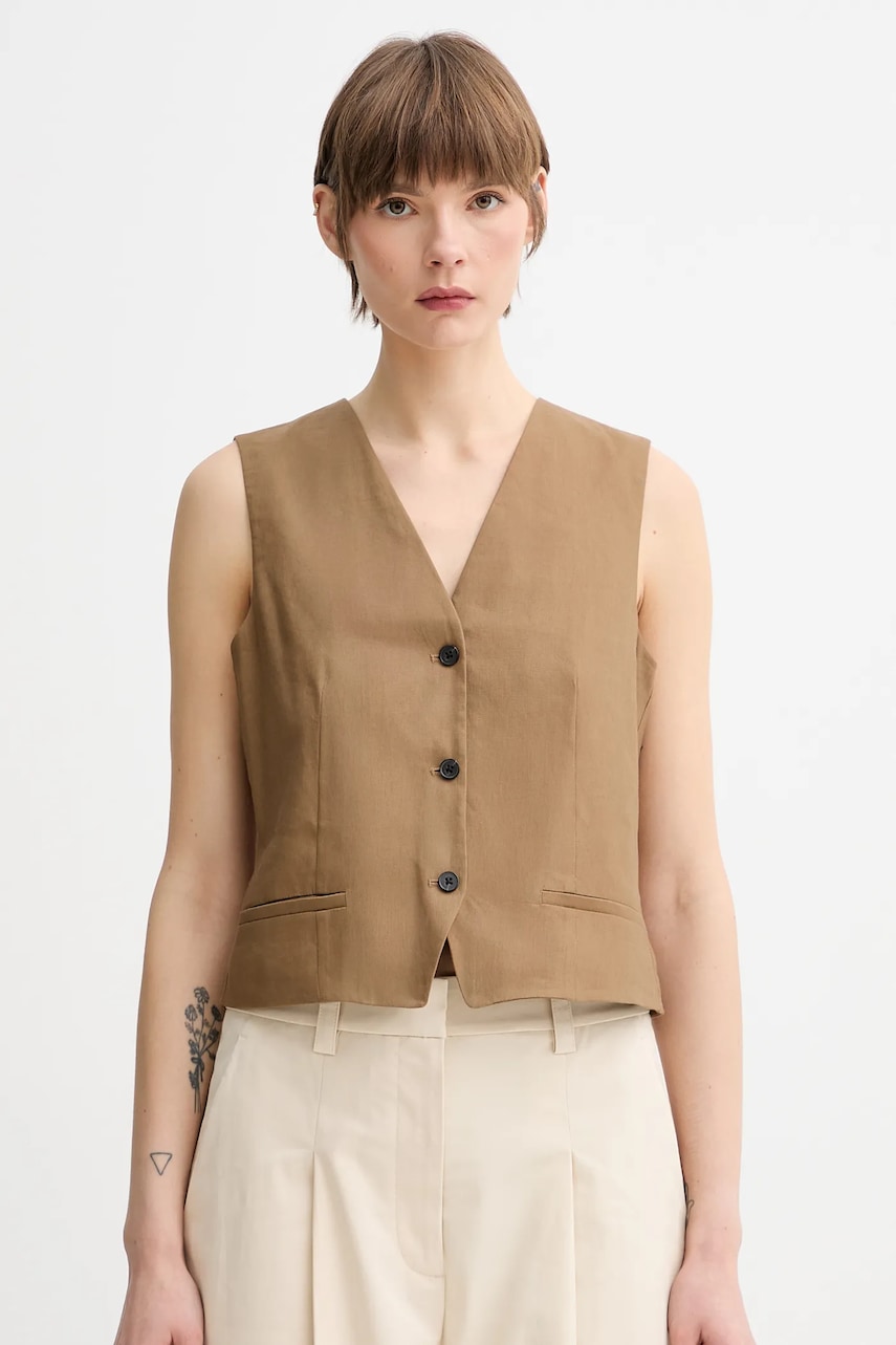 Marc O'Polo vestă de in culoarea verde, un singur rand de nasturi, 504095281007