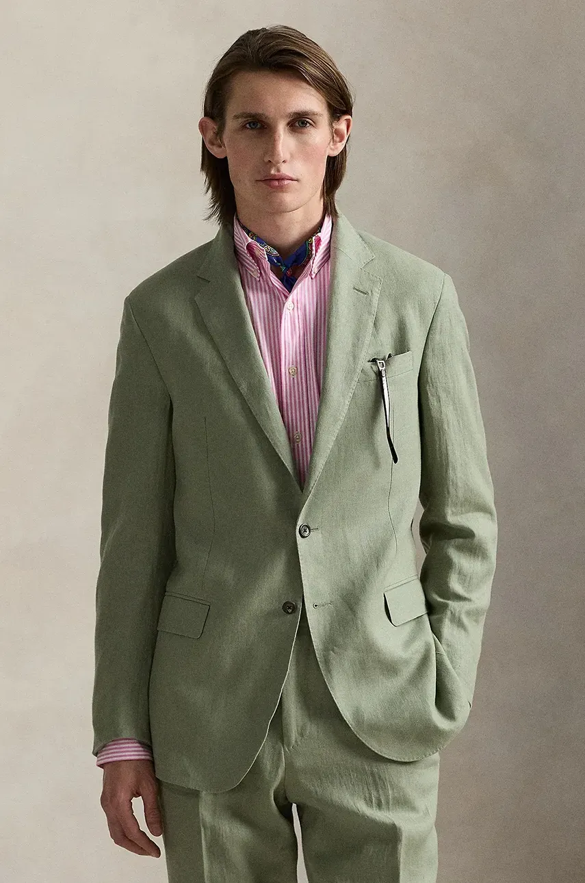 Plátěné sako Polo Ralph Lauren zelená barva, 715966909