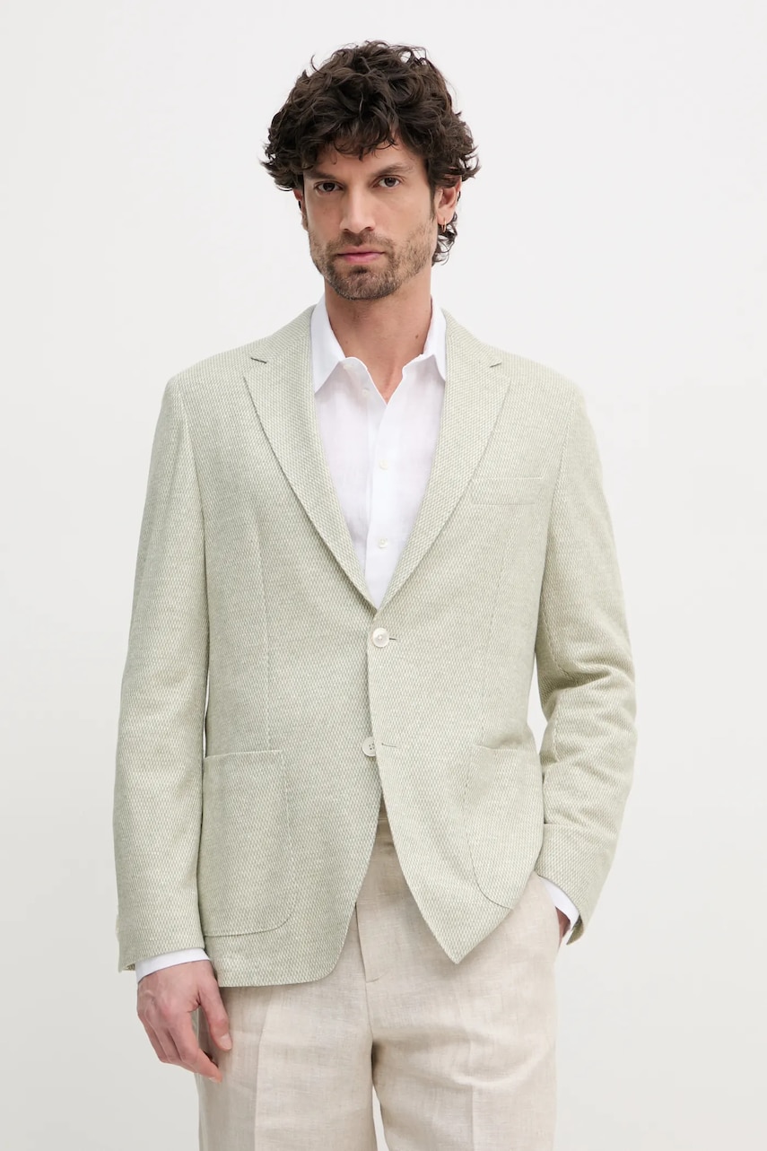 BOSS blazer din amestec de in barbati, culoarea verde, 50542639 BOSS blazer din amestec de in barbati, culoarea verde, 50542639