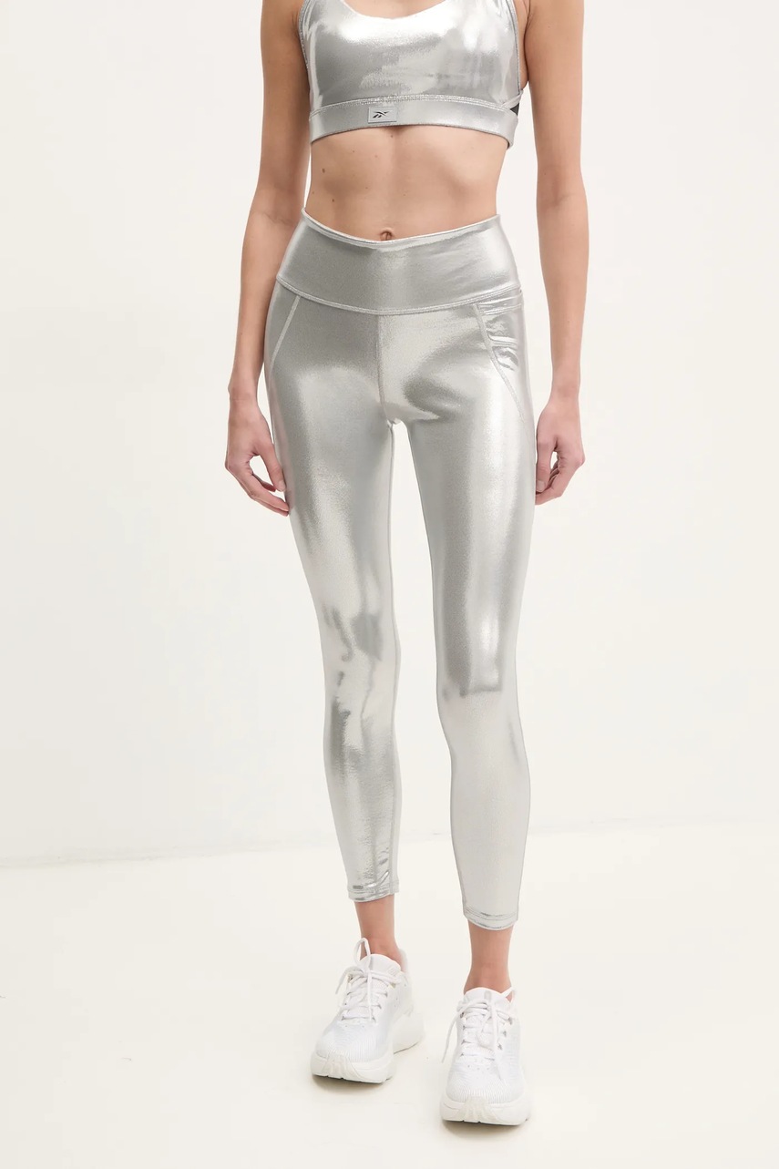 Reebok leggins de antrenament Lux Chrome culoarea argintiu, uni, 100214627