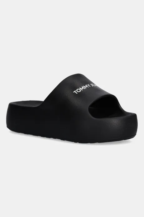 Tommy Jeans papuci TJW FLATFORM POOL SLIDE ESS femei, culoarea negru, cu platforma, EN0EN02763