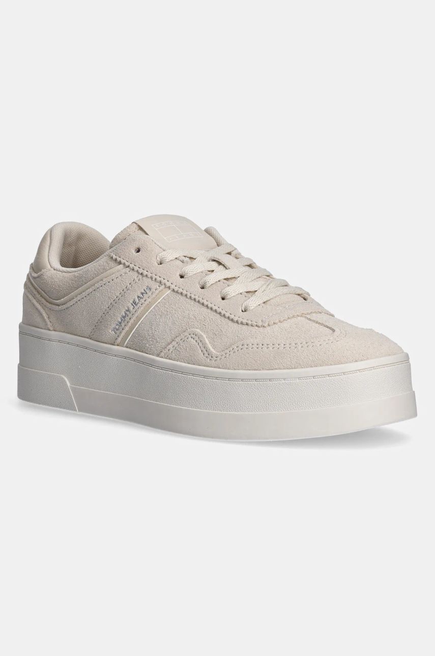 Tommy Jeans sneakers din piele intoarsă THE GREENWICH FLATFORM ELEVATED culoarea bej, EN0EN02676