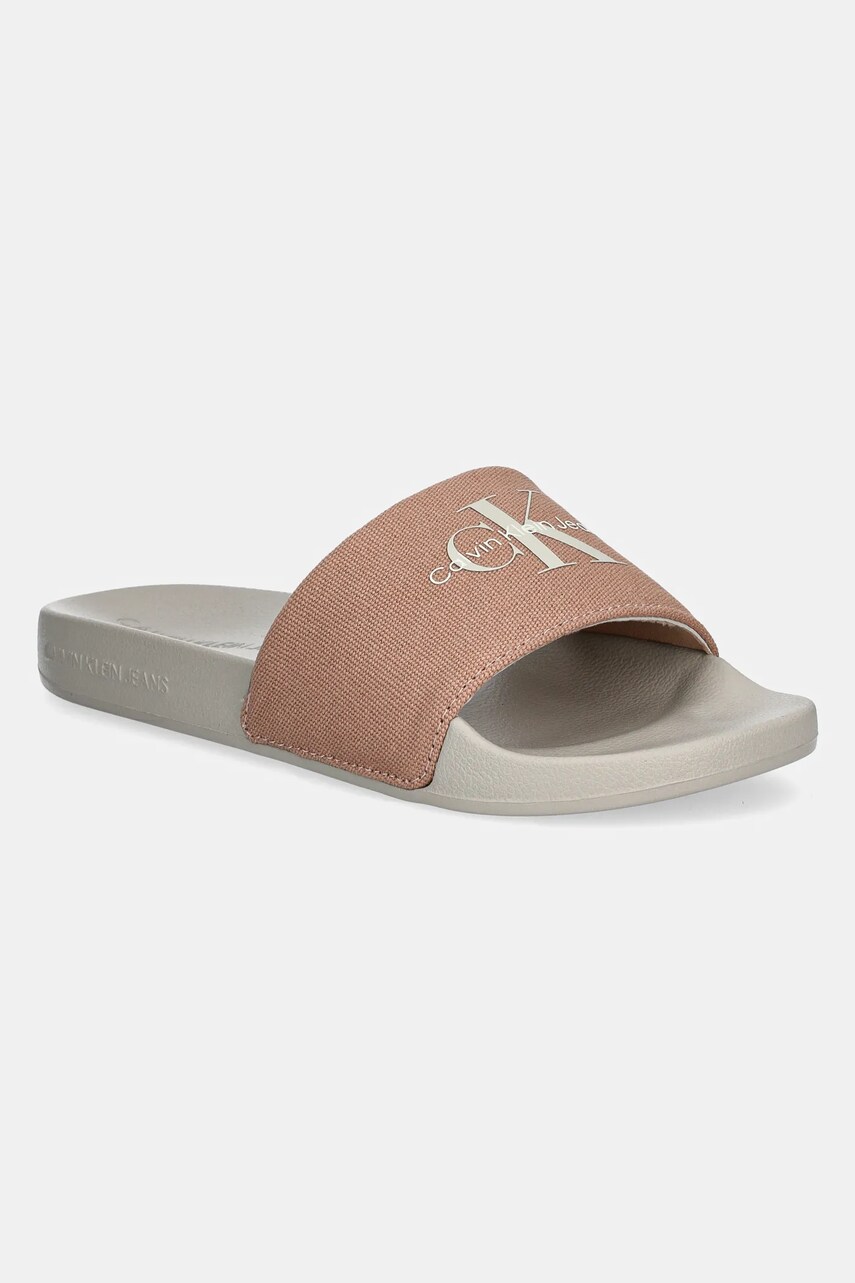 Levně Pantofle Calvin Klein Jeans SLIDE MONOGRAM WMNS dámské, béžová barva, YW0YW01835