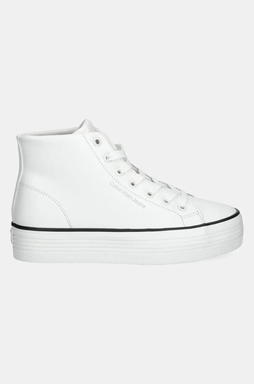 Кожаные кеды Calvin Klein Jeans BOLD VULC FLATF MID LTH IN женские цвет белый YW0YW01634 Кожаные кеды Calvin Klein Jeans BOLD VULC FLATF MID LTH IN женские цвет белый YW0YW01634