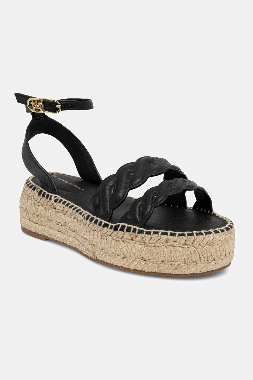 Levně Kožené sandály Tommy Hilfiger LEATHER ROPE REAL ESPAD SANDAL dámské, černá barva, na platformě, FW0FW08496