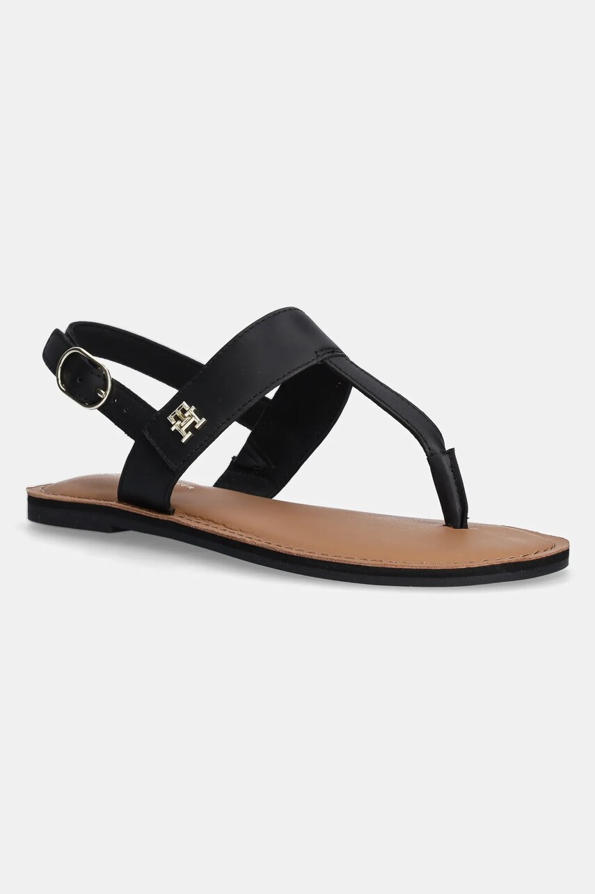 Levně Kožené sandály Tommy Hilfiger LEATHER THONG SANDAL dámské, černá barva, FW0FW08505