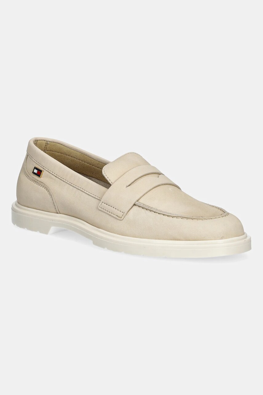 Levně Nubukové mokasíny Tommy Hilfiger FLAG SOFT NUBUCK LOAFER béžová barva, na plochém podpatku, FW0FW08679