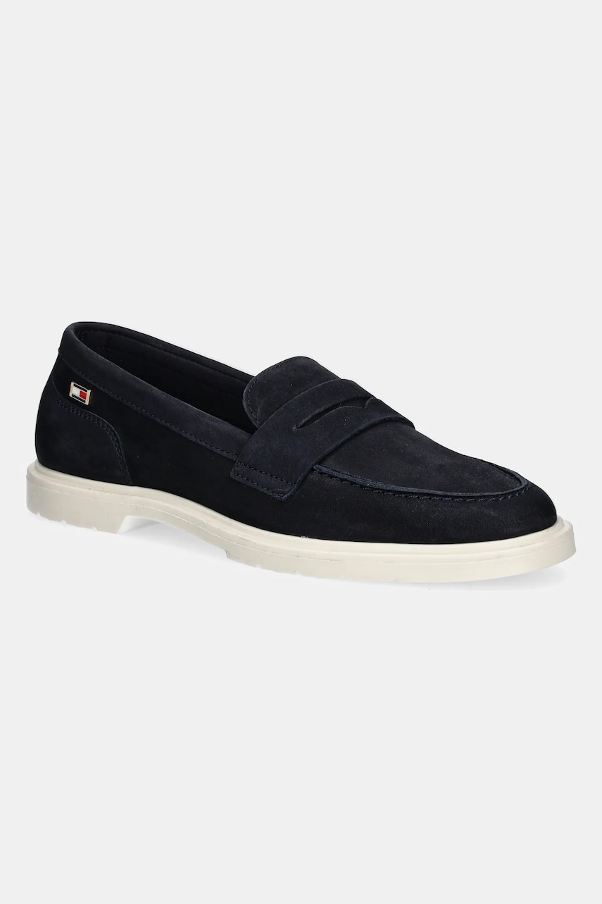 Levně Nubukové mokasíny Tommy Hilfiger FLAG SOFT NUBUCK LOAFER tmavomodrá barva, na plochém podpatku, FW0FW08679