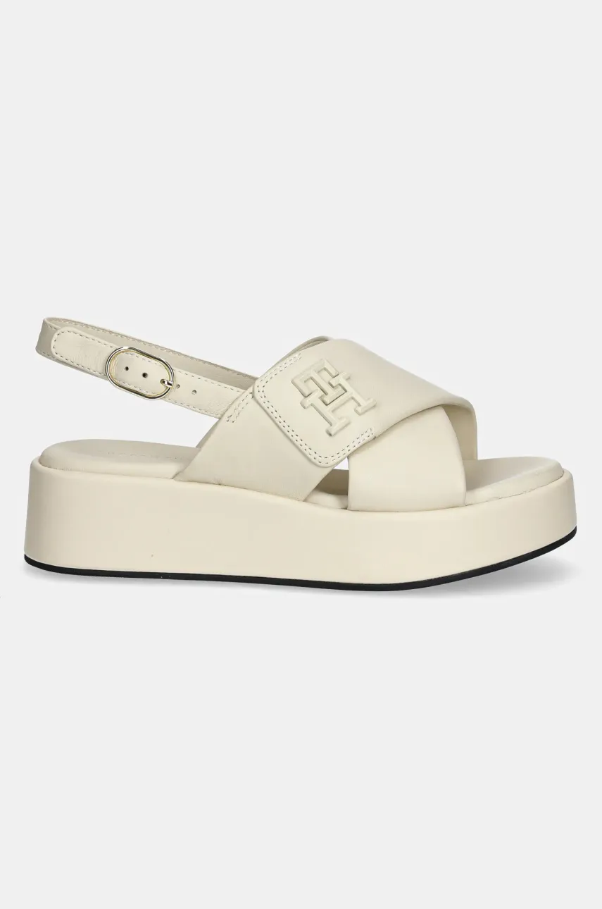 Кожаные сандалии Tommy Hilfiger TH LOGO HW PADDED LEATHER SANDAL женские цвет бежевый на платформе FW0FW08808 Кожаные сандалии Tommy Hilfiger TH LOGO HW PADDED LEATHER SANDAL женские цвет бежевый на платформе FW0FW08808