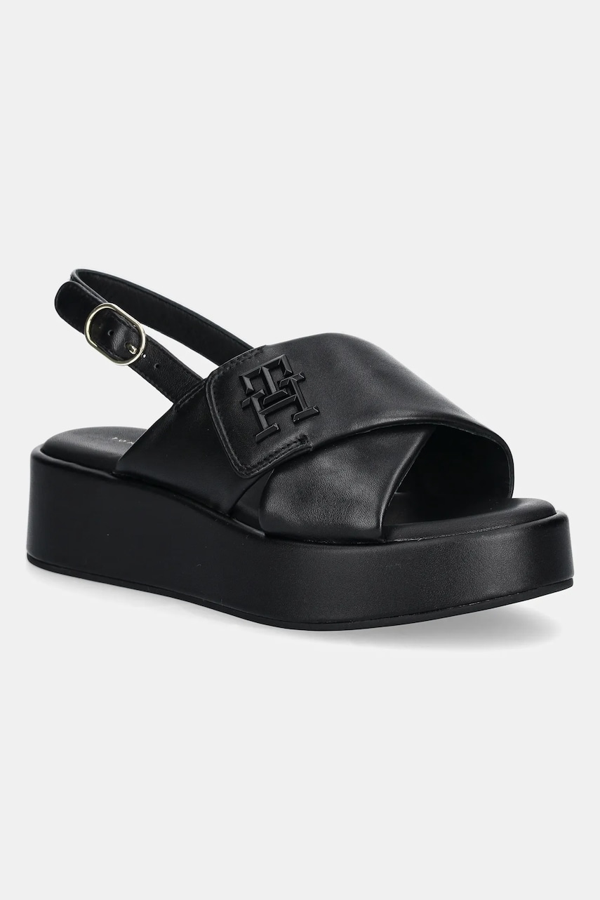 Levně Kožené sandály Tommy Hilfiger TH LOGO HW PADDED LEATHER SANDAL dámské, černá barva, na platformě, FW0FW08808