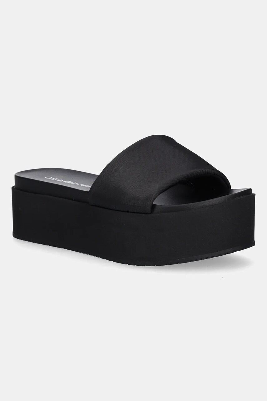 Levně Pantofle Calvin Klein Jeans FLATFORM SANDAL SLIDE IN NYLON dámské, černá barva, na platformě, YW0YW01791