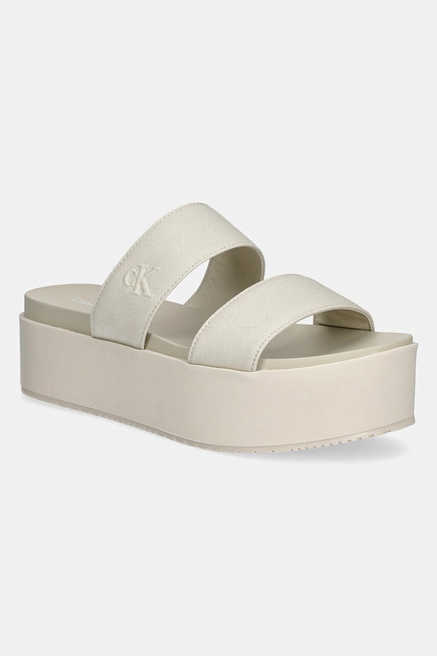 Levně Pantofle Calvin Klein Jeans FLATFORM SANDAL WEBBING IN dámské, béžová barva, na platformě, YW0YW01789