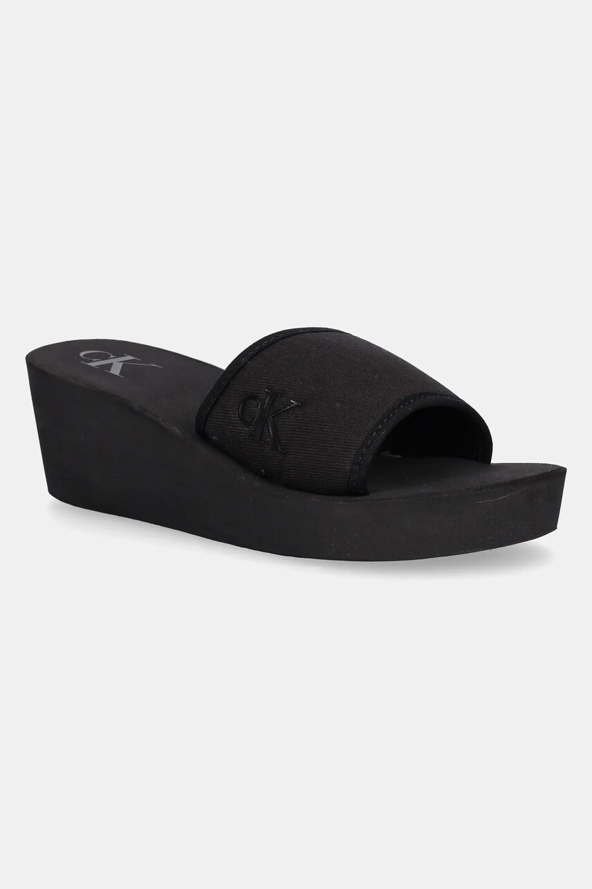 Levně Pantofle Calvin Klein Jeans BEACH WEDGE SLIDE CANVAS dámské, černá barva, na klínku, YW0YW01725