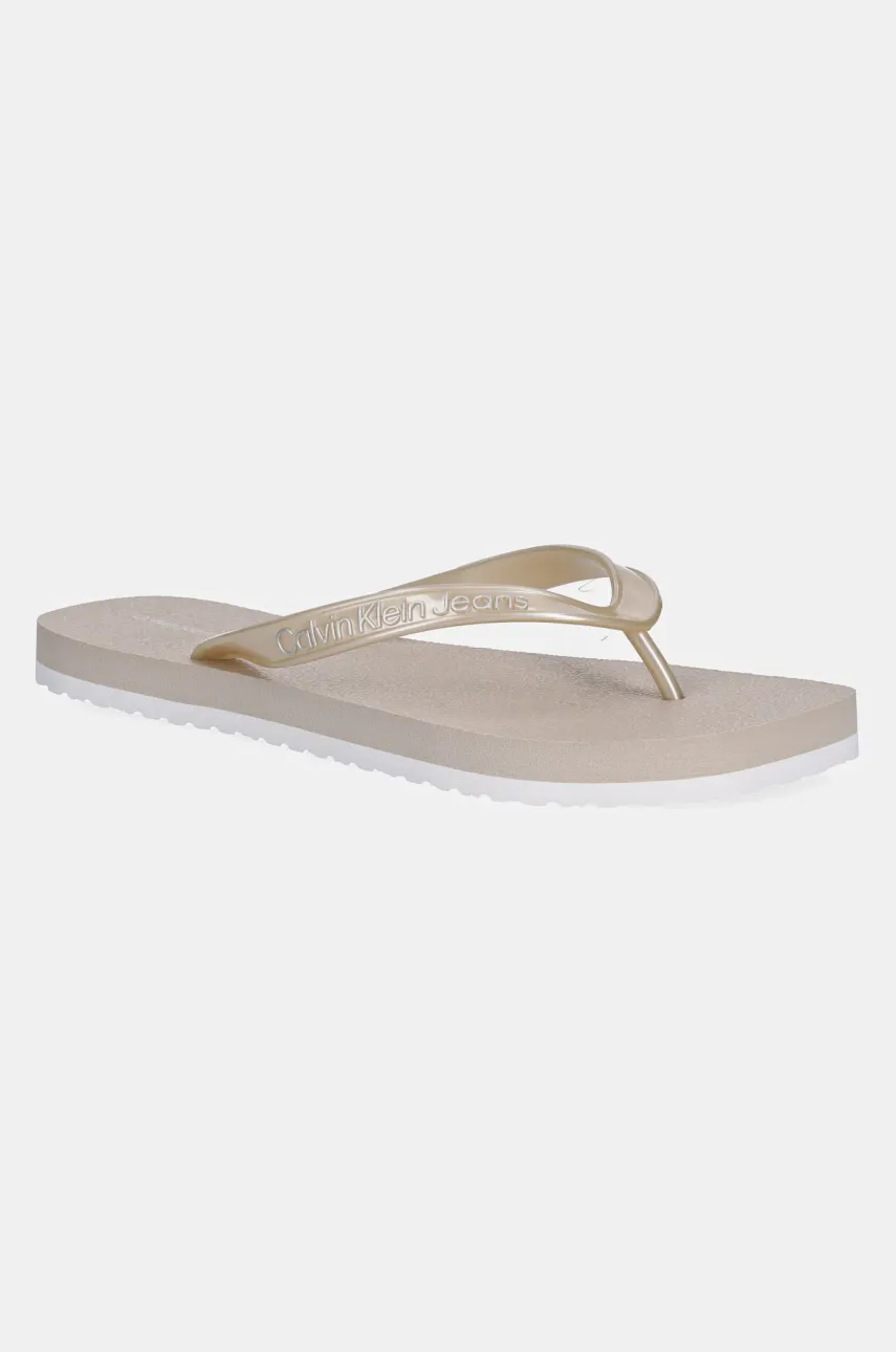 Levně Žabky Calvin Klein Jeans THONG+ TPU METALLIC dámské, béžová barva, na plochém podpatku, YW0YW01720
