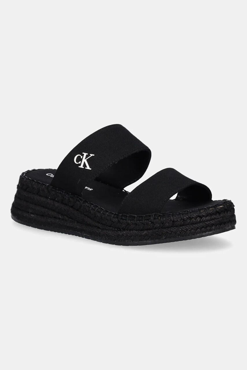 Levně Pantofle Calvin Klein Jeans SPORTY ROPE MG LTH WEBBING dámské, černá barva, na klínku, YW0YW01704