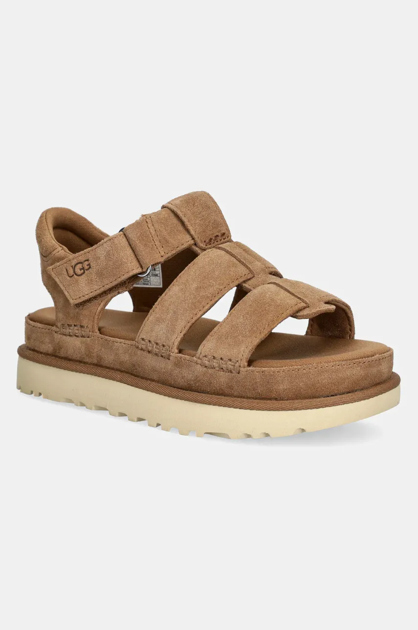 UGG sandale din piele întoarsă Goldenstar Strap femei, culoarea maro, cu platforma, 1137890-CHE