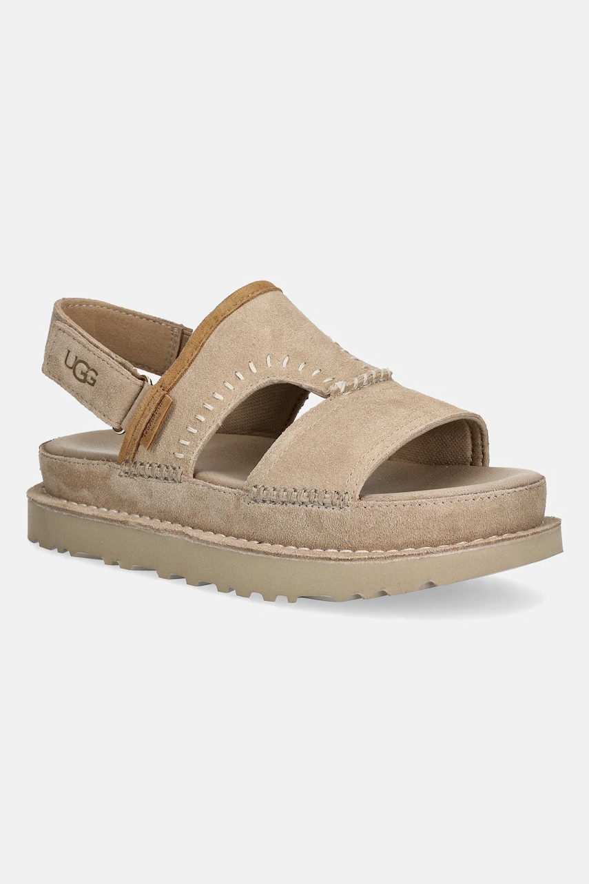 UGG sandale din piele intoarsa Goldenstar Regenerate femei, culoarea bej, cu platforma, 1167369-SAN