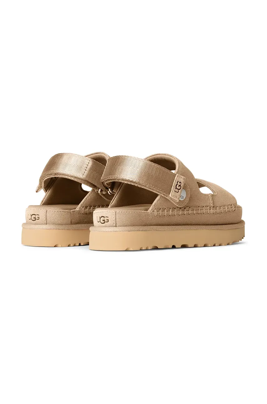 Замшевые шлепанцы UGG Goldenstar Glide женские цвет бежевый на платформе 1167399-SAN Замшевые шлепанцы UGG Goldenstar Glide женские цвет бежевый на платформе 1167399-SAN