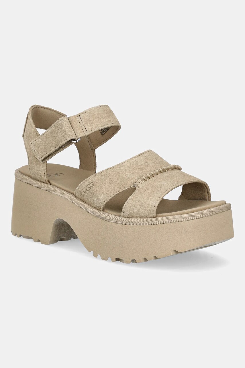UGG sandale din piele întoarsă New Heights Ankle Strap femei, culoarea bej, cu toc drept, 1167475-MDSD