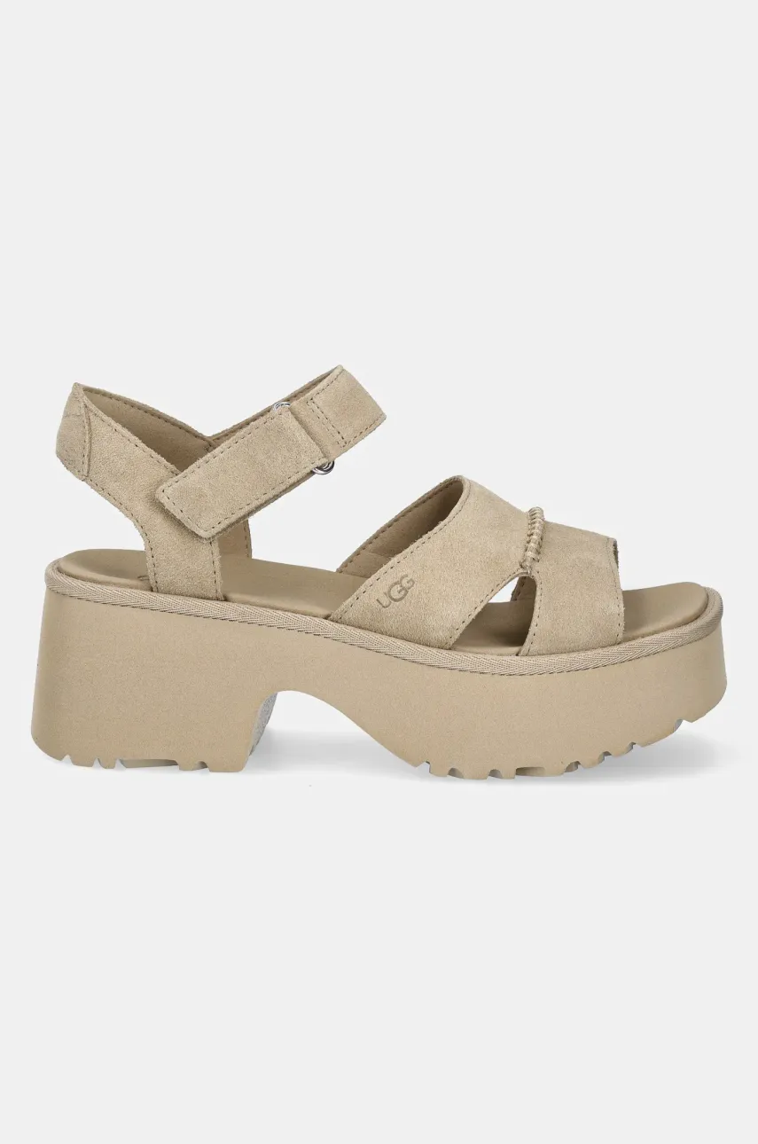 Замшевые сандалии UGG New Heights Ankle Strap женские цвет бежевый каблук кирпичик 1167475-MDSD Замшевые сандалии UGG New Heights Ankle Strap женские цвет бежевый каблук кирпичик 1167475-MDSD
