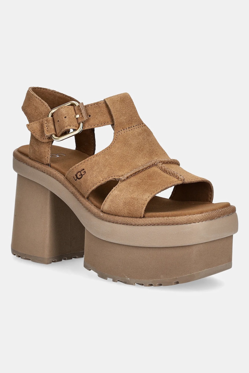 UGG sandale din piele întoarsă New Heights Platfort-Strap culoarea maro, 1167478-CHE