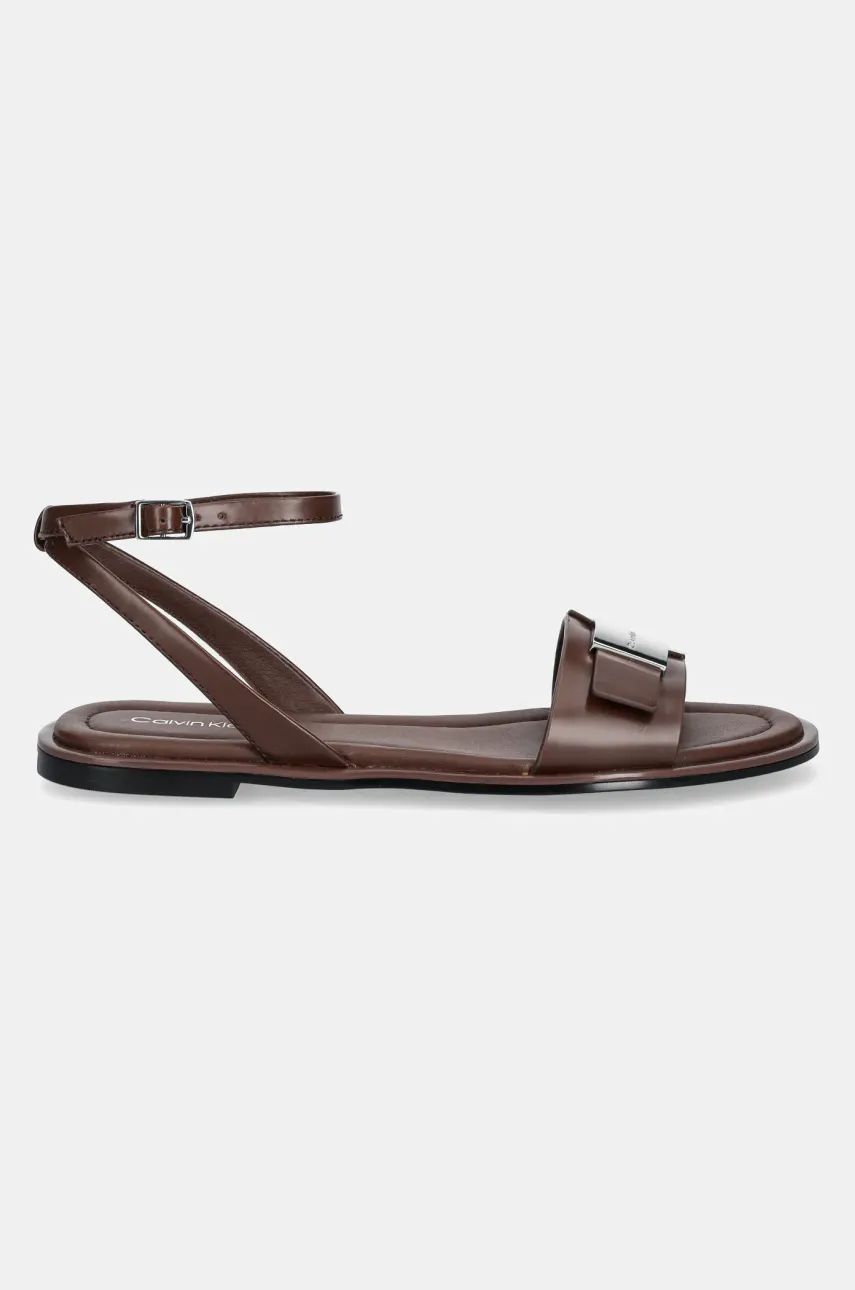 Кожаные сандалии Calvin Klein FLAT SANDAL W/CK HW - LTH женские цвет коричневый HW0HW02367 Кожаные сандалии Calvin Klein FLAT SANDAL W/CK HW - LTH женские цвет коричневый HW0HW02367