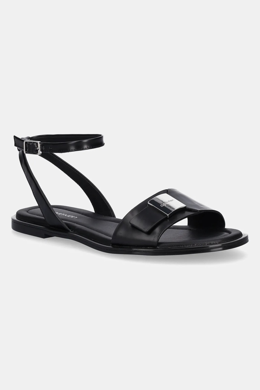 Levně Kožené sandály Calvin Klein FLAT SANDAL W/CK HW - LTH dámské, černá barva, HW0HW02367