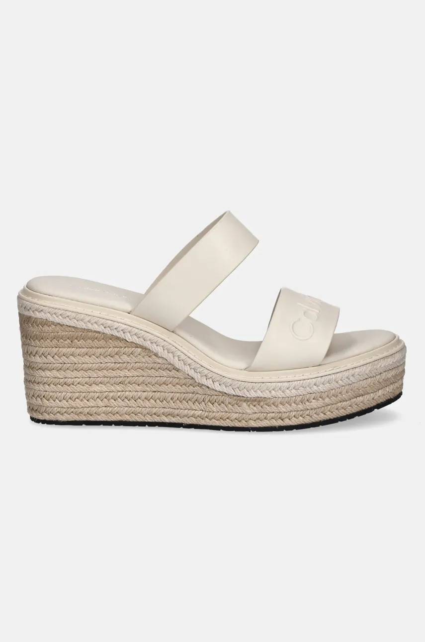 Кожаные шлепанцы Calvin Klein WEDGE SANDAL 50 - HE женские цвет бежевый на платформе HW0HW02375 Кожаные шлепанцы Calvin Klein WEDGE SANDAL 50 - HE женские цвет бежевый на платформе HW0HW02375