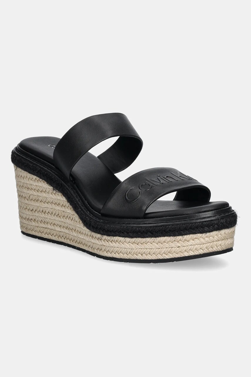 Levně Kožené pantofle Calvin Klein WEDGE SANDAL 50 - HE dámské, černá barva, na klínku, HW0HW02375