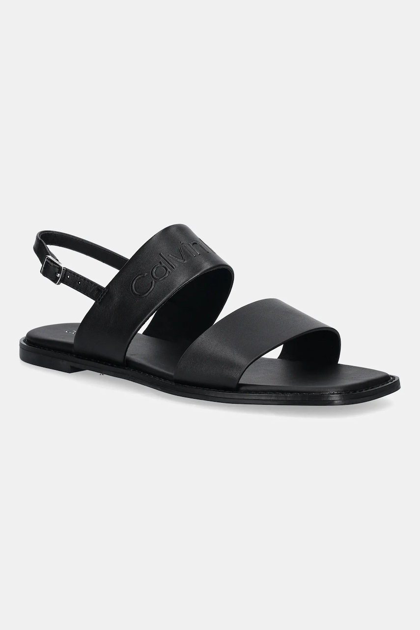 Levně Kožené sandály Calvin Klein FLAT SANDAL - HE dámské, černá barva, HW0HW02377