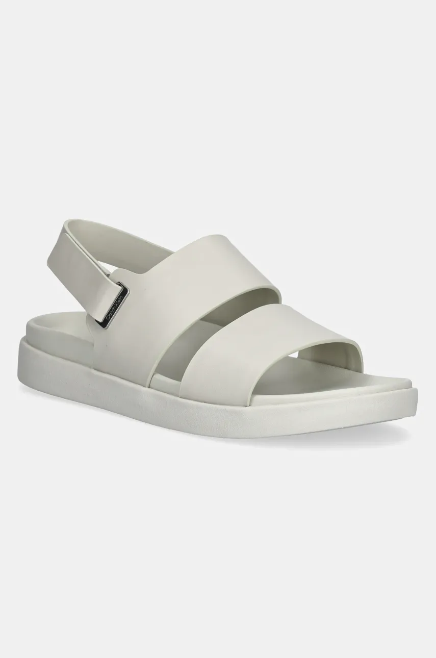 Levně Kožené sandály Calvin Klein FLAT ADJ SANDAL EYELET dámské, šedá barva, HW0HW02488