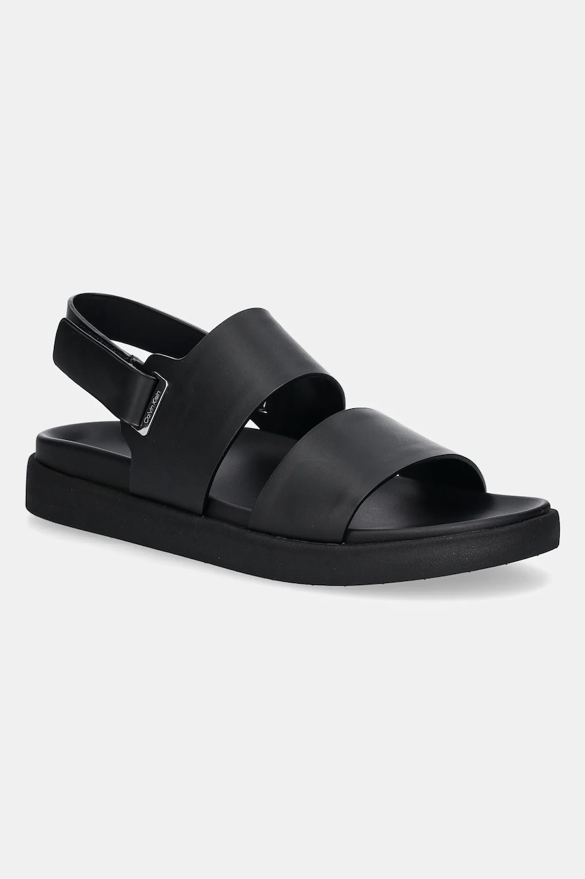 Levně Kožené sandály Calvin Klein FLAT ADJ SANDAL EYELET dámské, černá barva, HW0HW02488