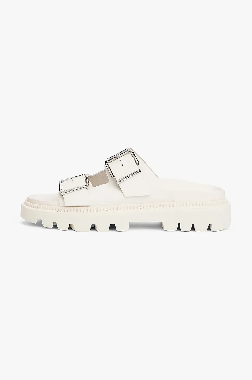 Кожаные шлепанцы Tommy Jeans DOUBLE STRAP SANDAL женские цвет бежевый на платформе EN0EN02753 Кожаные шлепанцы Tommy Jeans DOUBLE STRAP SANDAL женские цвет бежевый на платформе EN0EN02753
