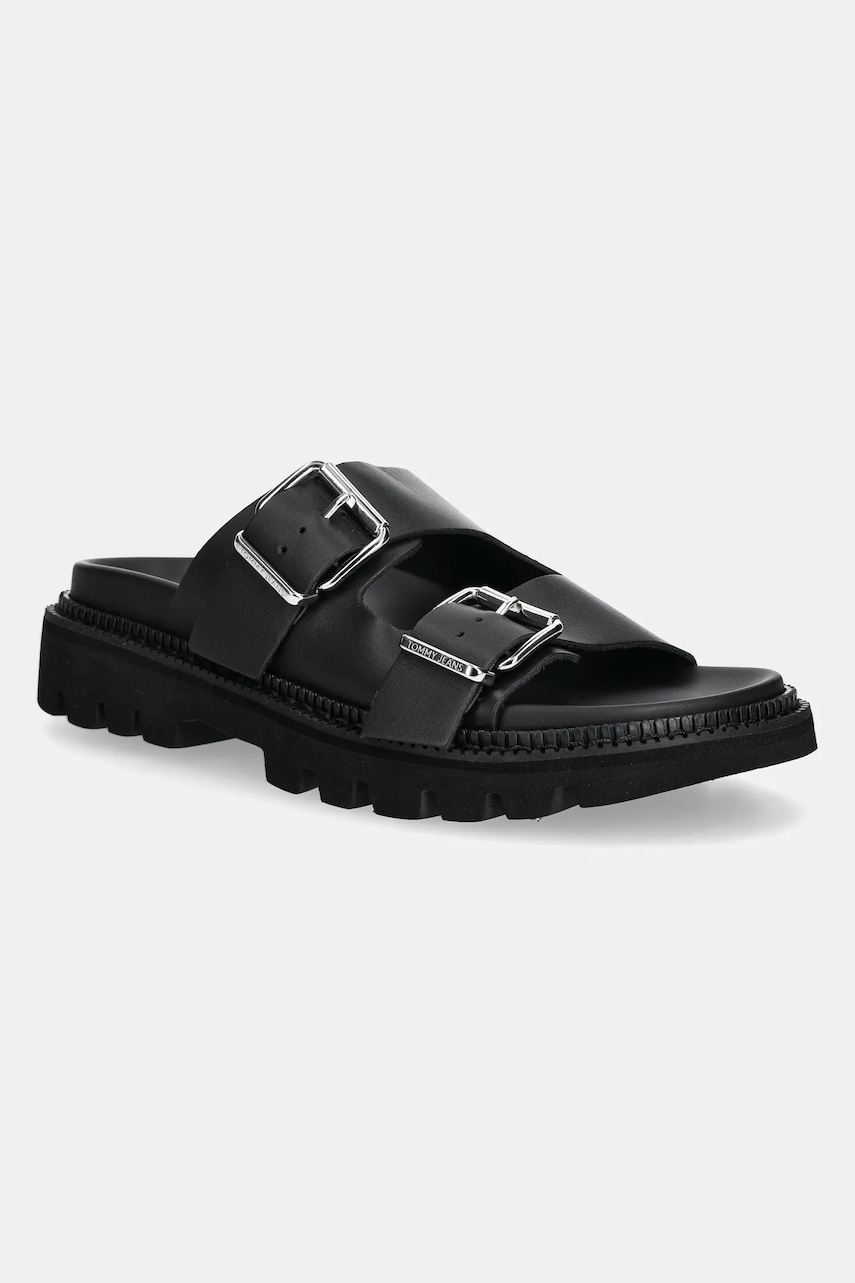Tommy Jeans slapi de piele DOUBLE STRAP SANDAL femei, culoarea negru, cu platforma, EN0EN02753