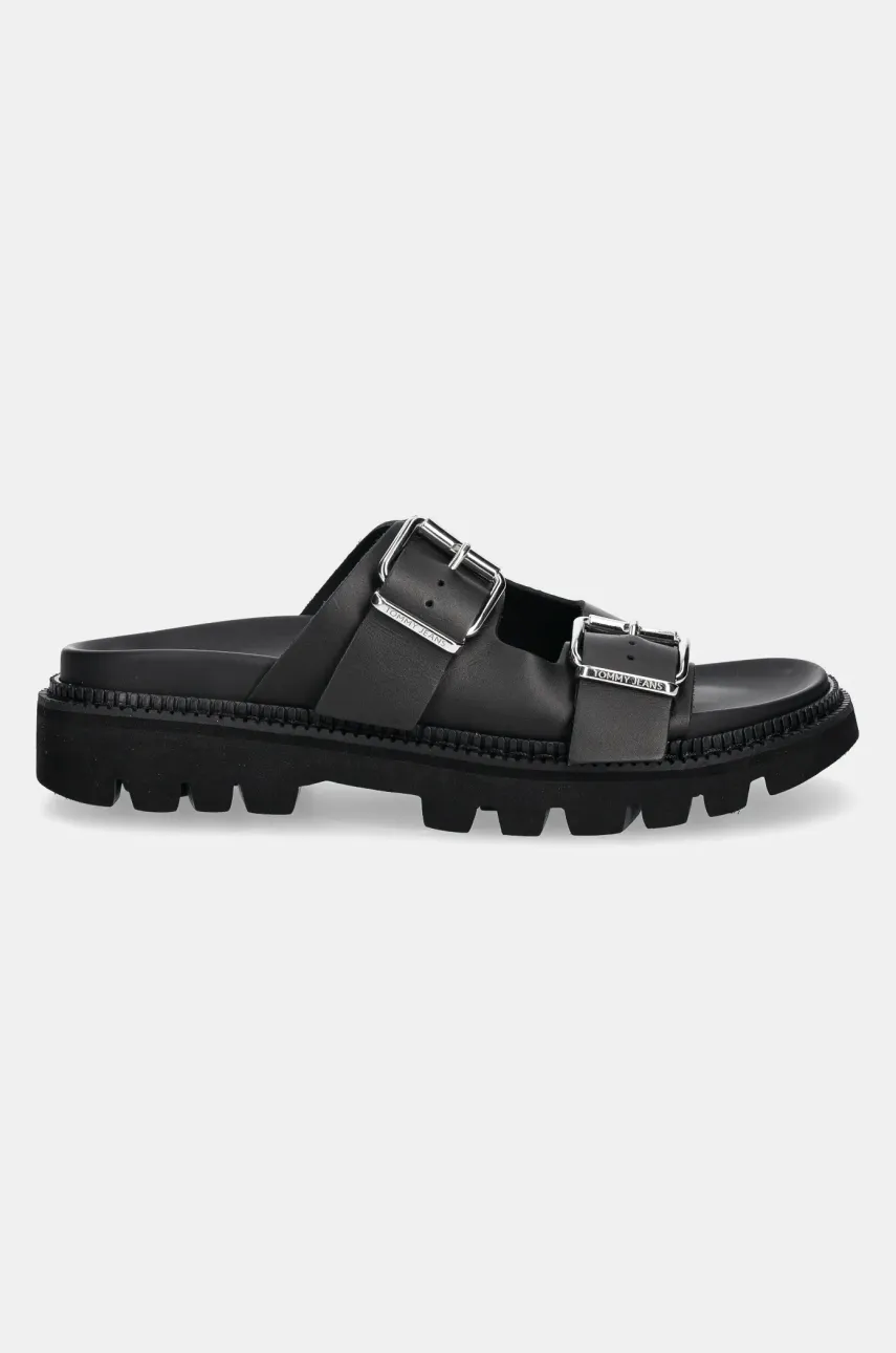 Кожаные шлепанцы Tommy Jeans DOUBLE STRAP SANDAL женские цвет чёрный на платформе EN0EN02753 Кожаные шлепанцы Tommy Jeans DOUBLE STRAP SANDAL женские цвет чёрный на платформе EN0EN02753