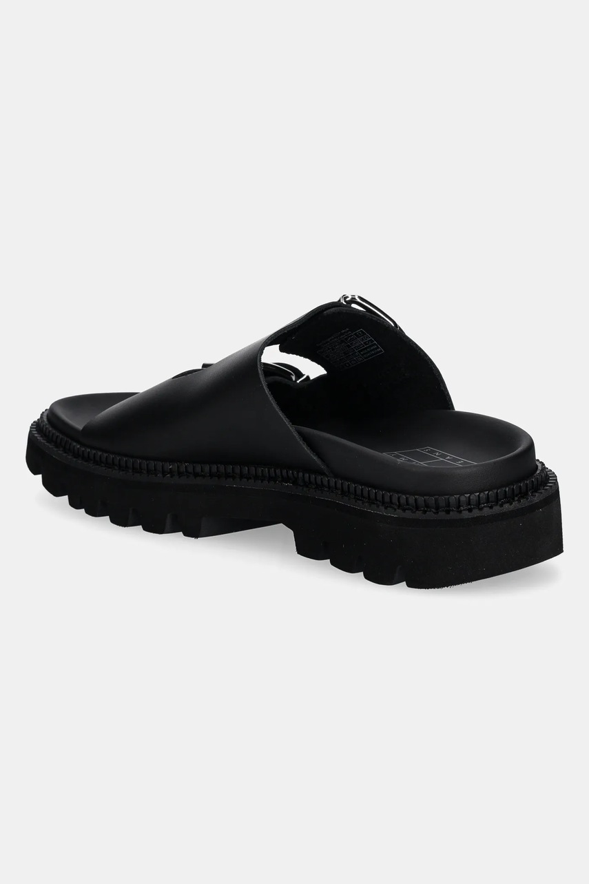 Δερμάτινες παντόφλες Tommy Jeans DOUBLE STRAP SANDAL γυναικείες, χρώμα: μαύρο, EN0EN02753 φωτογραφία