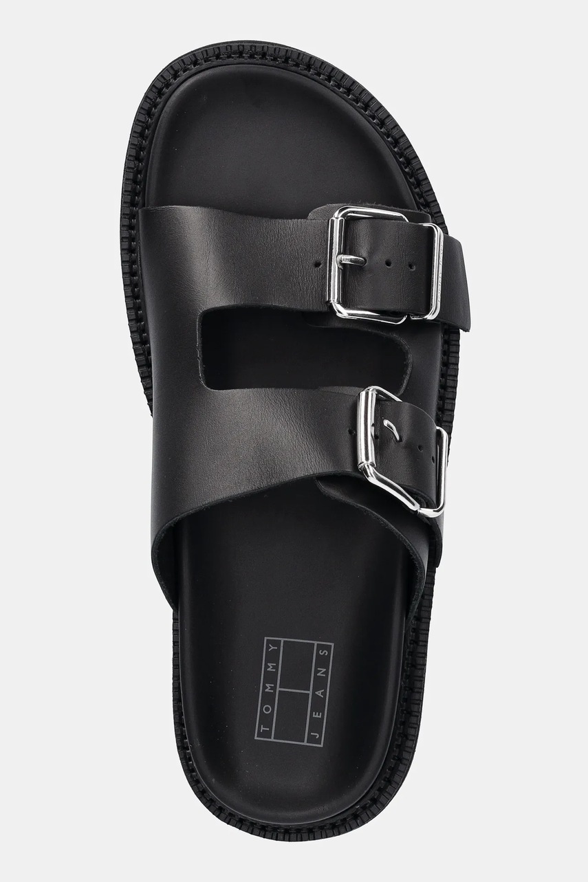 Δερμάτινες παντόφλες Tommy Jeans DOUBLE STRAP SANDAL γυναικείες, χρώμα: μαύρο, EN0EN02753 φωτογραφία