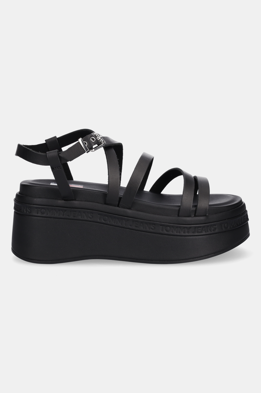 Кожаные сандалии Tommy Jeans WEDGY STRAPPY SANDAL женские цвет чёрный на платформе EN0EN02756 Кожаные сандалии Tommy Jeans WEDGY STRAPPY SANDAL женские цвет чёрный на платформе EN0EN02756