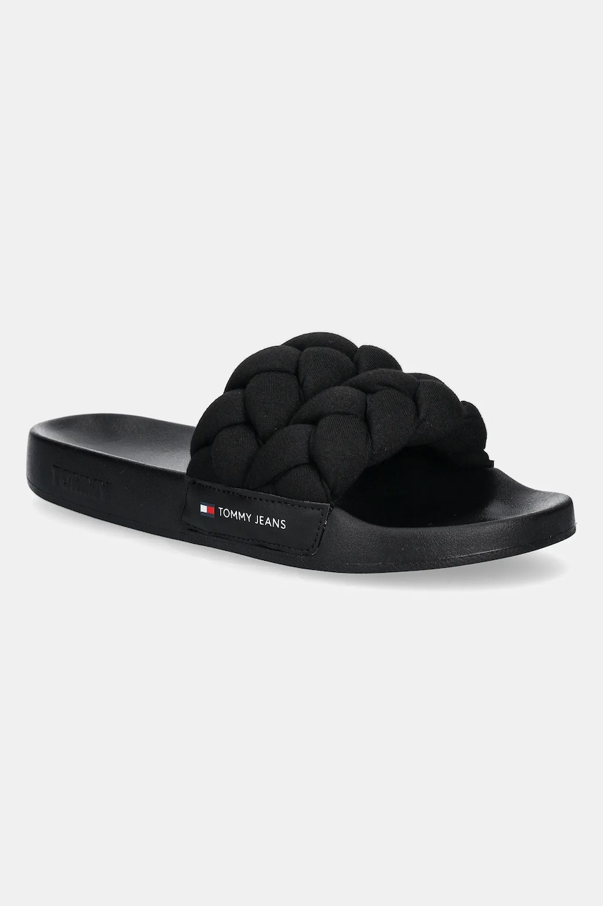 Tommy Jeans papuci BRAIDED SLIDE femei, culoarea negru, EN0EN02764