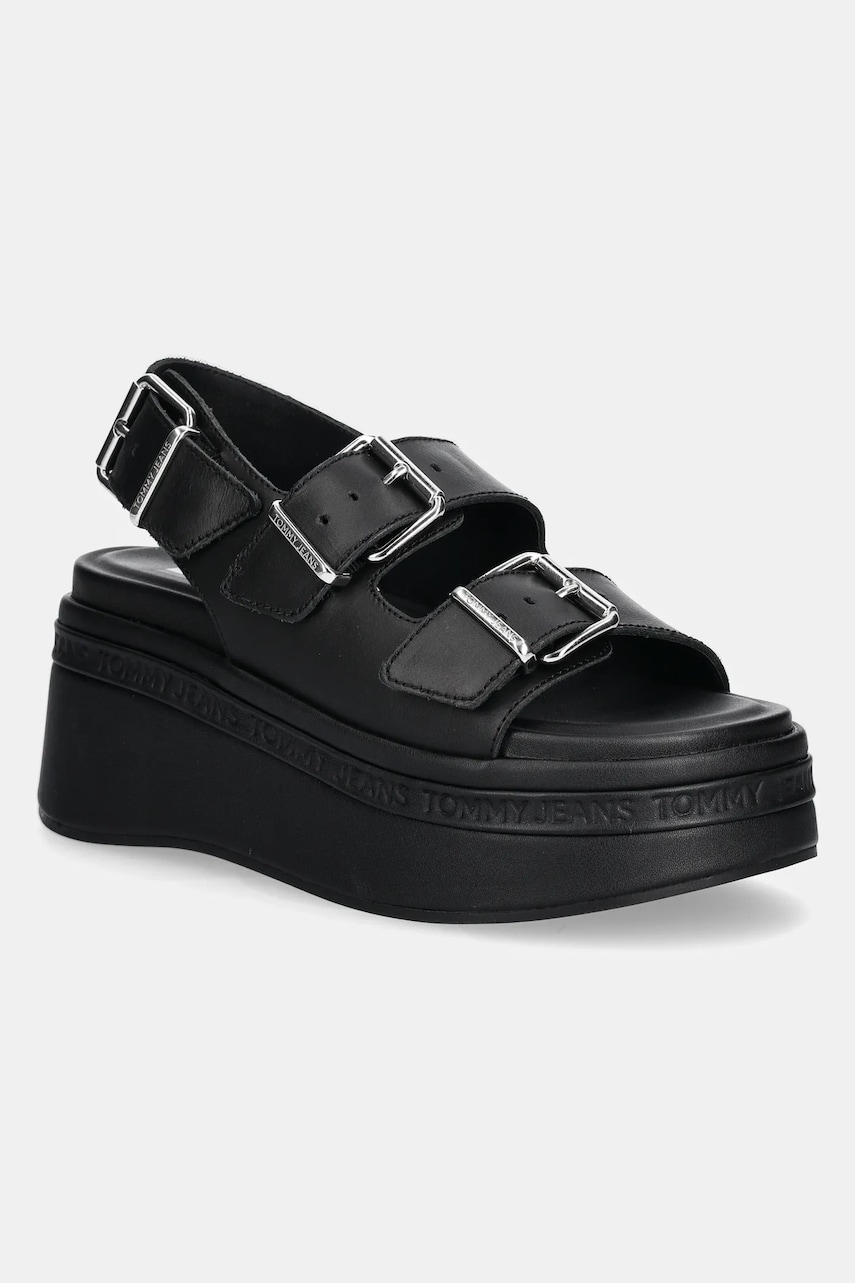 Tommy Jeans sandale de piele WEDGE SANDAL femei, culoarea negru, cu platforma, EN0EN02774