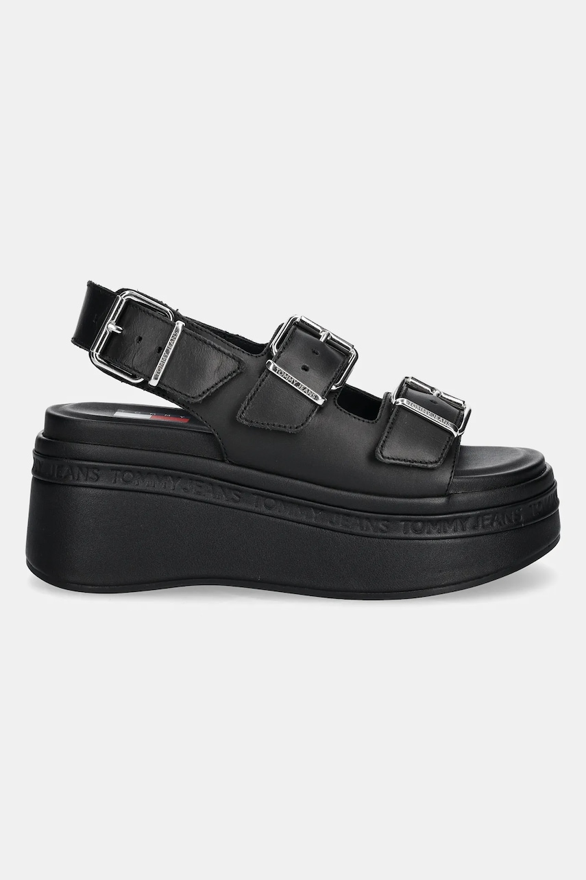 Кожаные сандалии Tommy Jeans WEDGE SANDAL женские цвет чёрный на платформе EN0EN02774 Кожаные сандалии Tommy Jeans WEDGE SANDAL женские цвет чёрный на платформе EN0EN02774